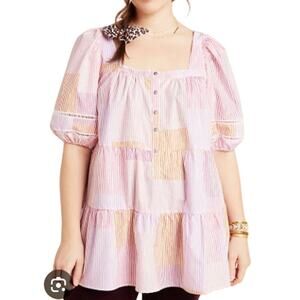 Anthropologie 1X Womens Plus Maeve Gable Tiered Tunic Square Neck Pink